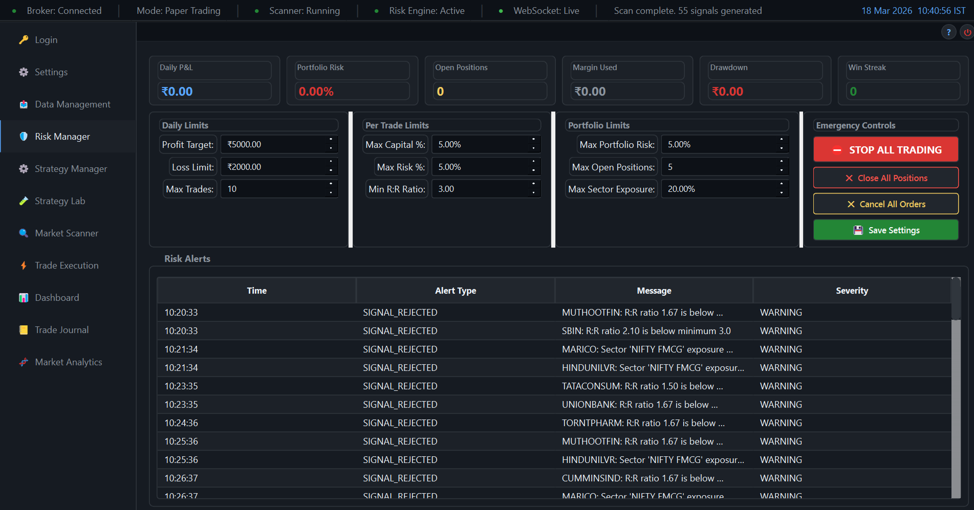 Migara Risk Manager — Portfolio Limits & Emergency Controls